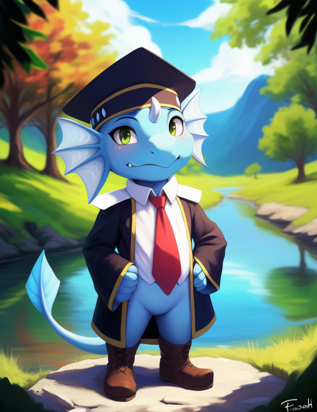 00763-4286793045-_lora_QinusAxiaYif_1_ QinusAxia, blue skin, green eyes, red tie, tail, fangs, hat, cloth, black robe, white shirt, boots,  Chibi.png